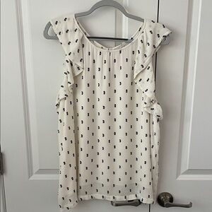 LOFT Ivory and Navy Dot Ruffle Blouse